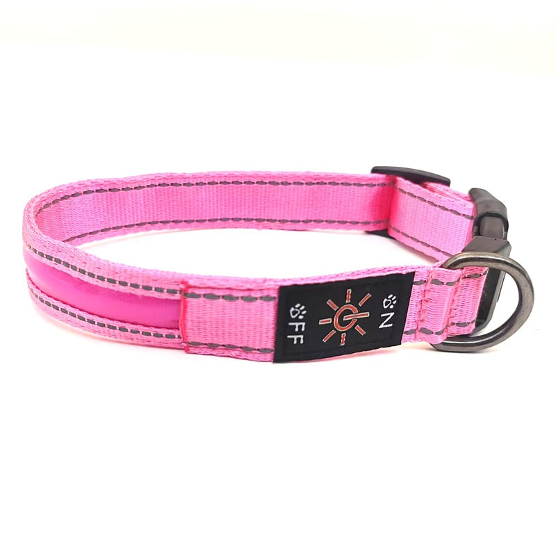 Reflective LED Dog Collar with Leather and Ribbon Design - KittyKat Lane LLC