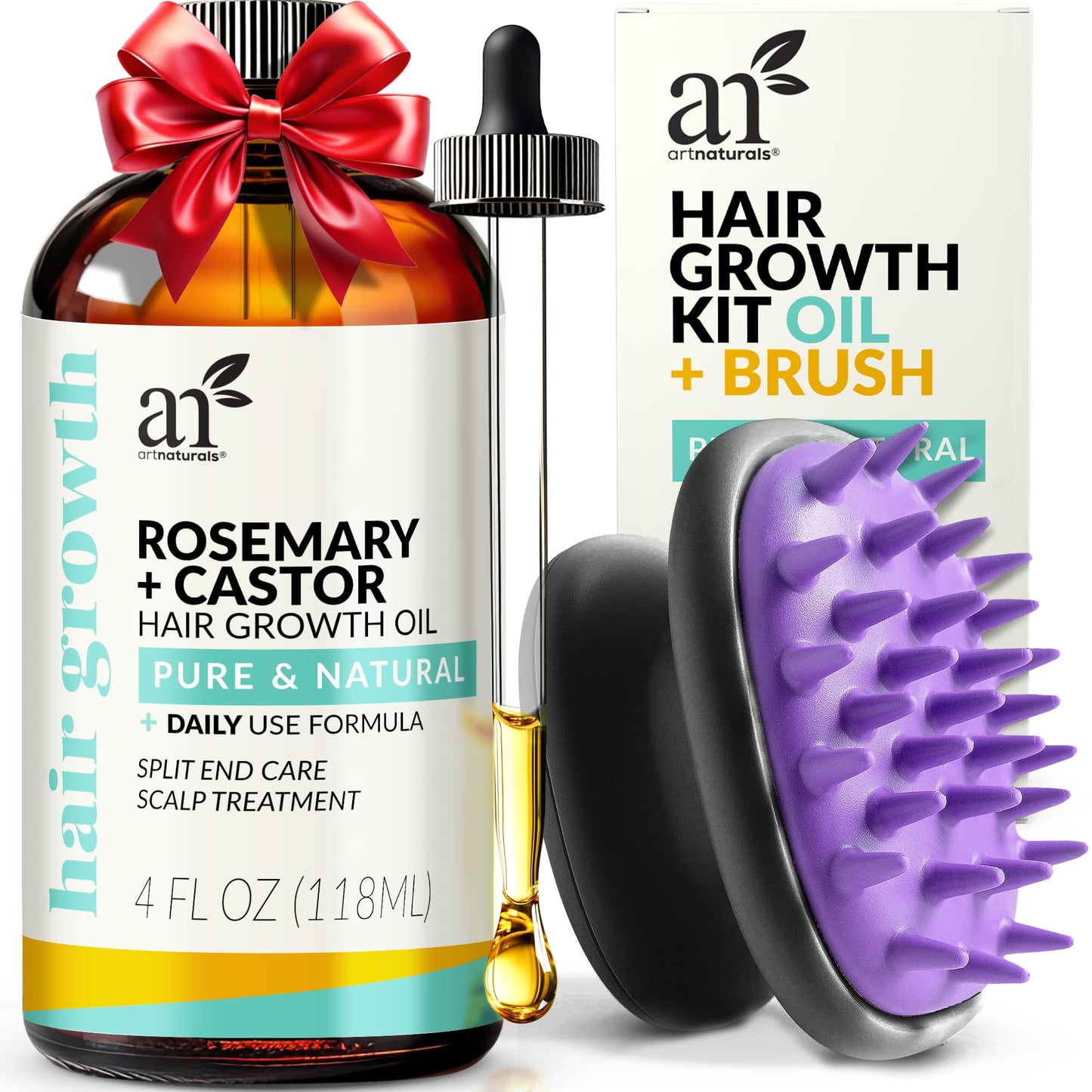 Artnaturals Organic Rosemary Castor Hair Oil + Massager Hair Growth Set Hair Growth Oil 4 ounces with Coconut & Olive Oil