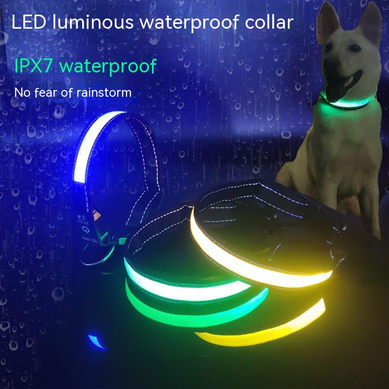 Reflective LED Dog Collar with Leather and Ribbon Design - KittyKat Lane LLC