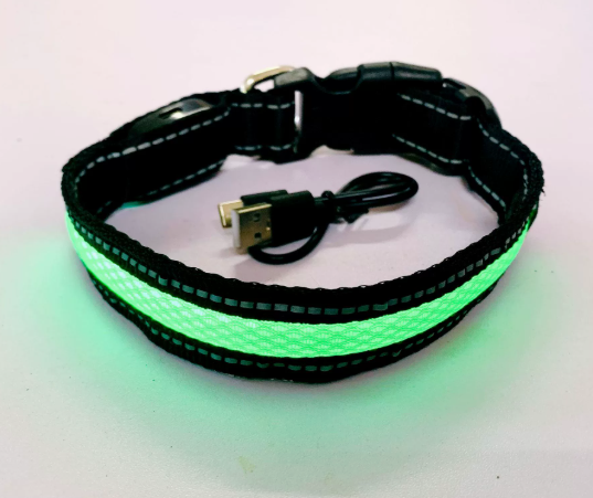 Reflective LED Dog Collar with Leather and Ribbon Design - KittyKat Lane LLC