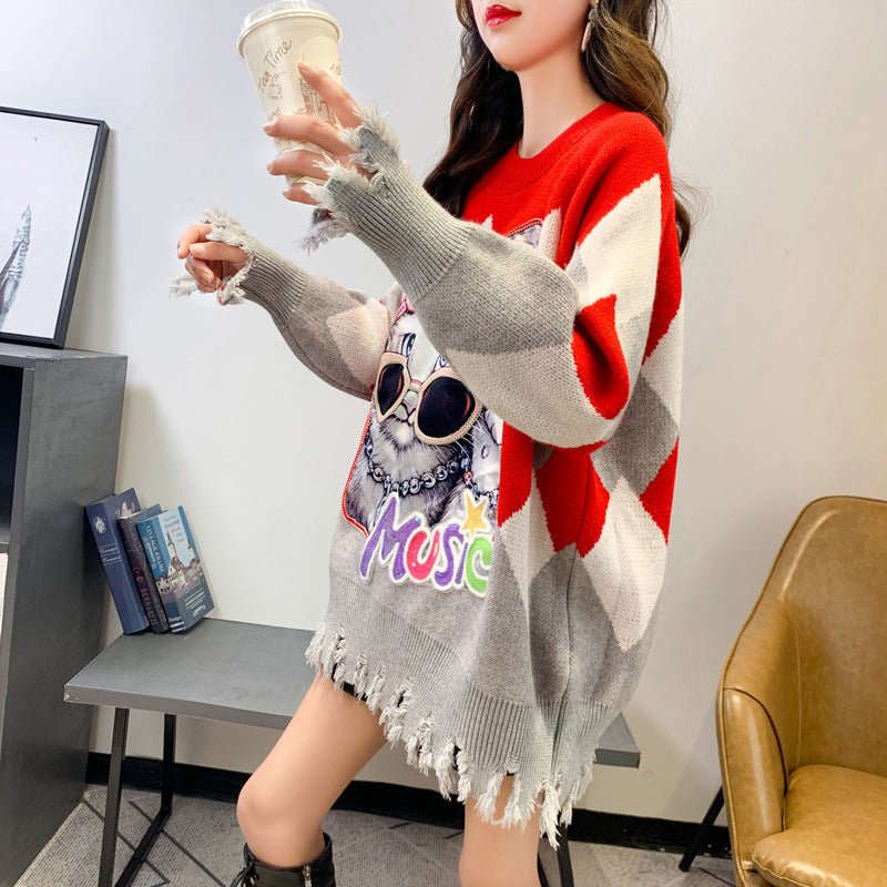 Autumn Cat Sequin Knit Sweater - Loose Fit, Casual - KittyKat Lane LLC