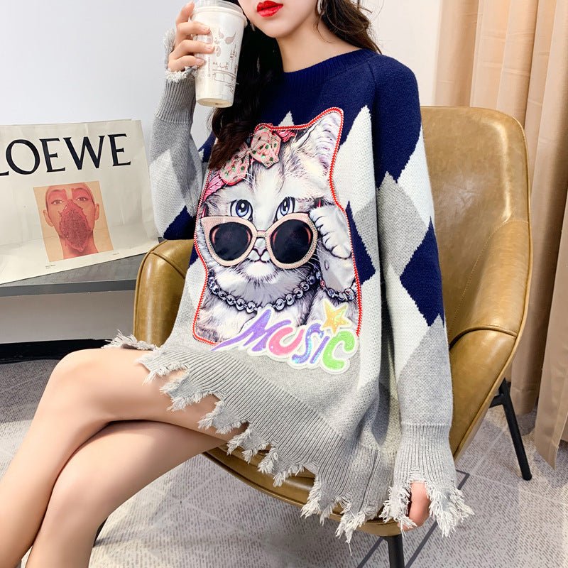 Autumn Cat Sequin Knit Sweater - Loose Fit, Casual - KittyKat Lane LLC