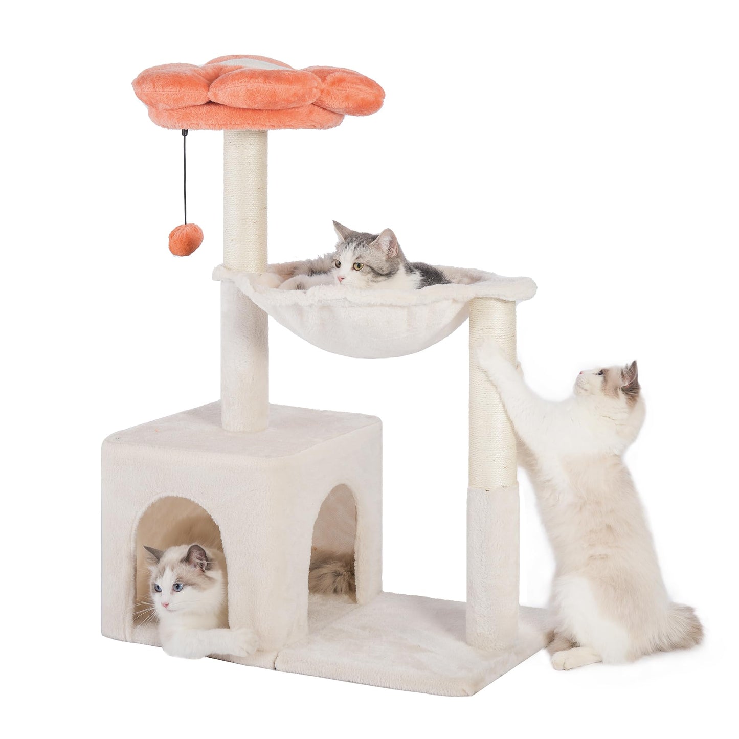 4-in-1 Cat Tree 34" Scratching Post Tower with Hammock Perch and Condo - Beige