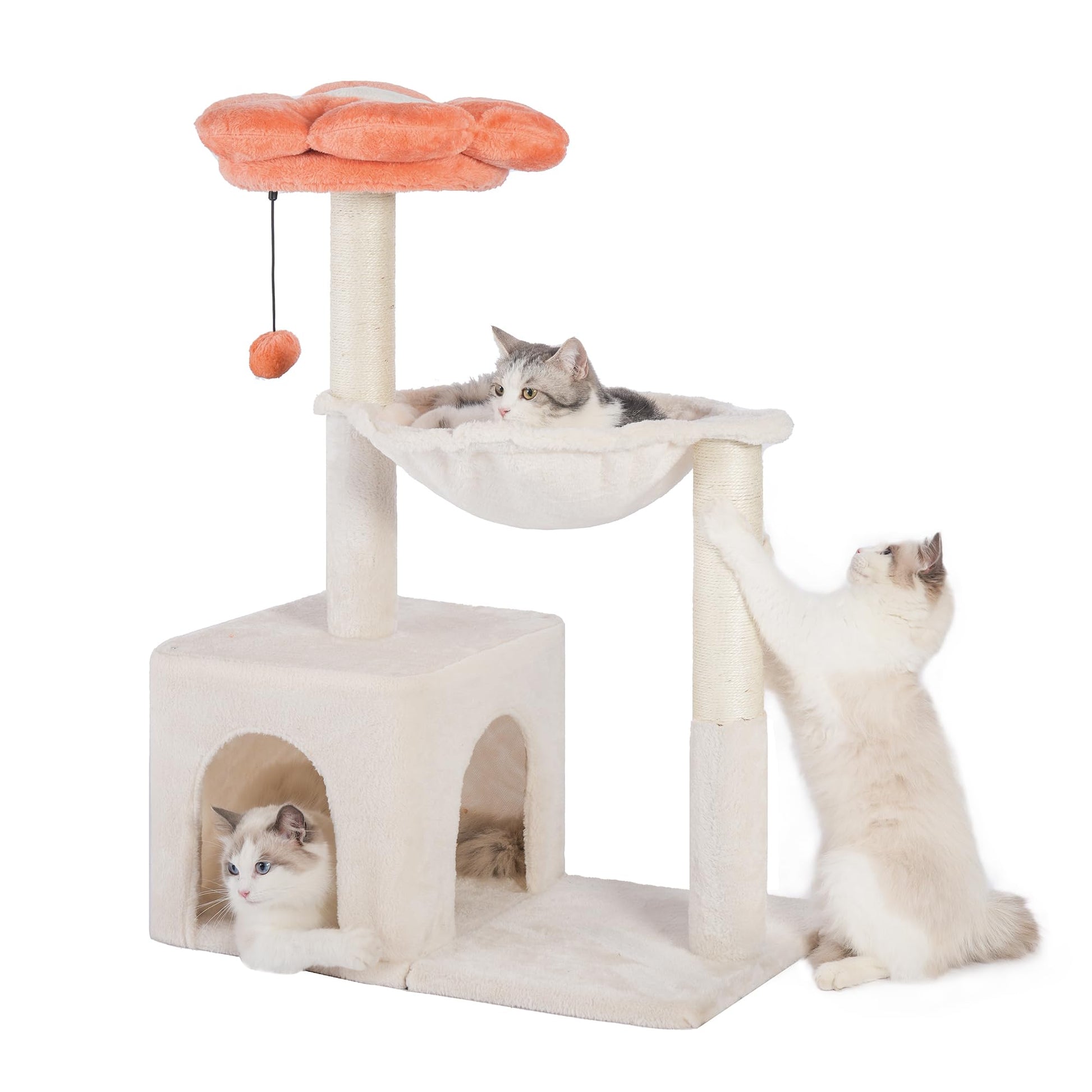 Pawfessor 4-in-1 Cat Tree 34" Scratching Post Tower with Hammock and Condo for Indoor Cats - Beige
