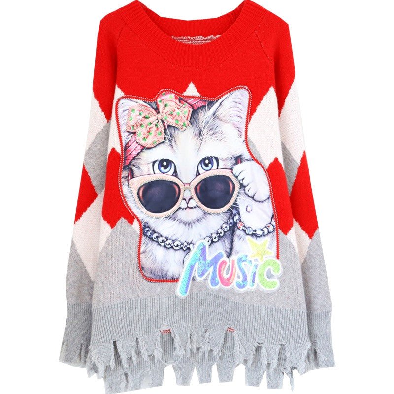 Autumn Cat Sequin Knit Sweater - Loose Fit, Casual - KittyKat Lane LLC