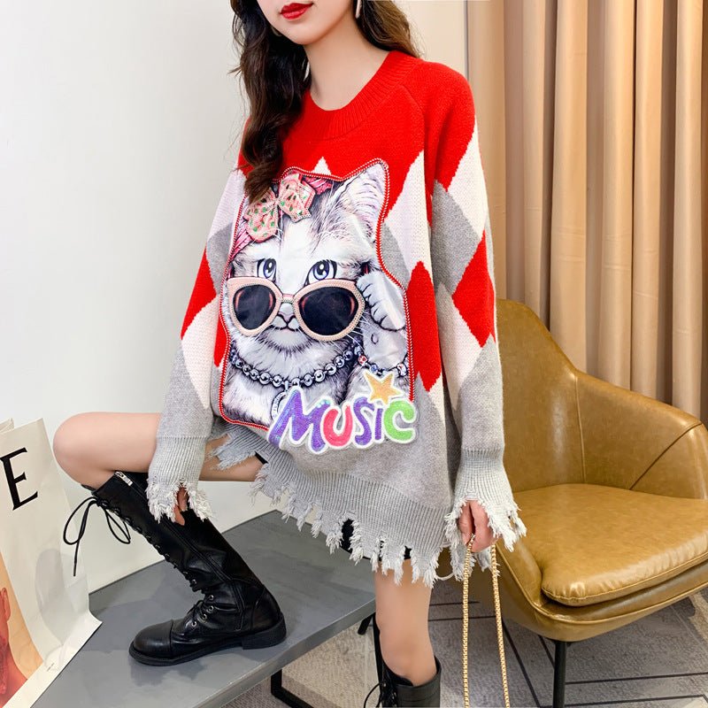 Autumn Cat Sequin Knit Sweater - Loose Fit, Casual - KittyKat Lane LLC